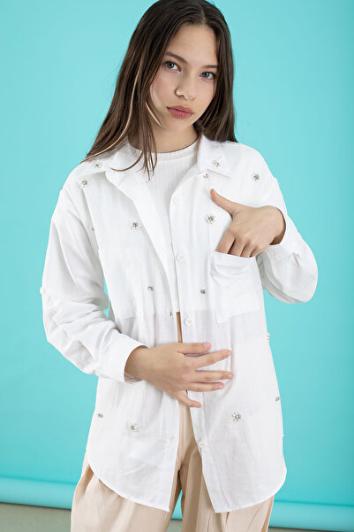 Cansın Mini Cream Girl's 3 Piece Set - Crop-Tshirt Stones Shirt and Pantalon