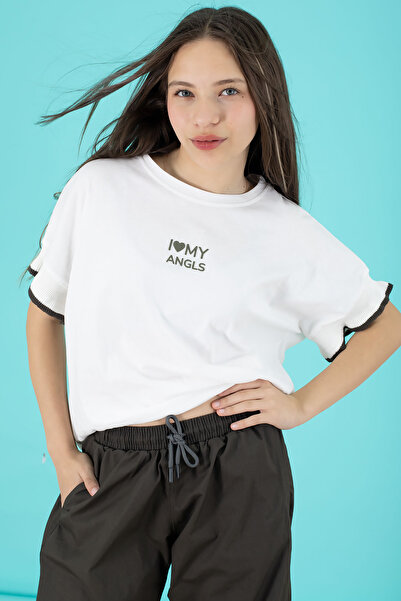 Cansın Mini Khaki Written Oversize T-Shirt with Parachute Pants Girl's Suit 20296