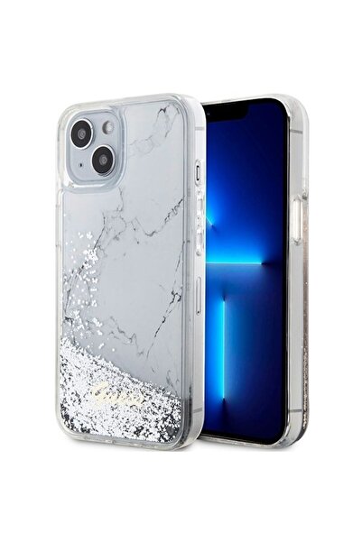 REDz Accessories Carcasă Guess pentru iPhone 13/14/15, Colecția Marble Glitter Liquid, Alb