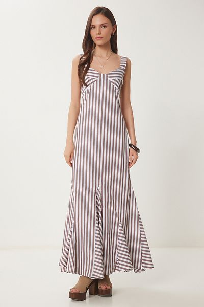 Lovelyİstanbul Rochie lungă de vară cu volan în dungi BROWN BONE LJH0002