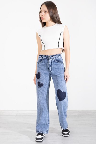 Cansın Mini Pantaloni blugi pentru fete, cu talie elastică, cu picioare late, cu model de inimă 20406