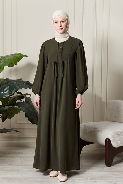 fistan Μπαλόνι μανίκι με κουμπί μπροστά Ρόμπα Gathered Hijab Ρούχα Μητέρα Φόρεμα Προσευχής Φόρεμα ειδικής περίστασης