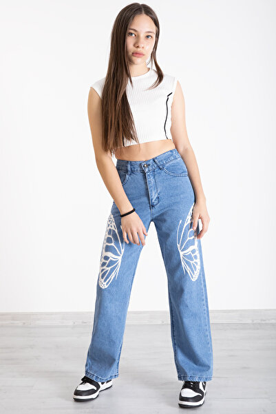 Cansın Mini Pantaloni blugi pentru fete cu picioare largi cu imprimeu fluture albastru 20276