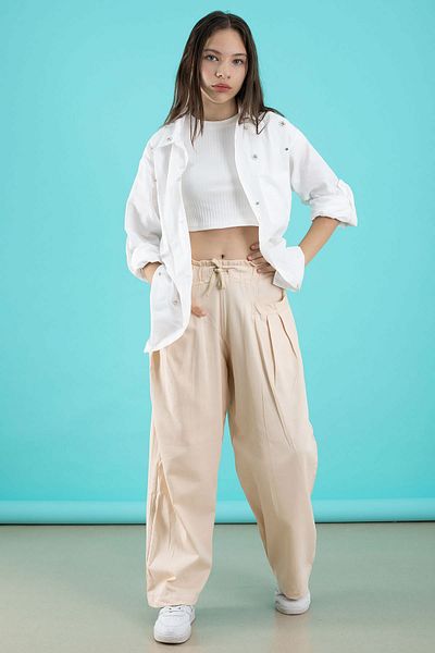 Cansın Mini Cream Girl's 3 Piece Set - Crop-Tshirt Stones Shirt and Pantalon