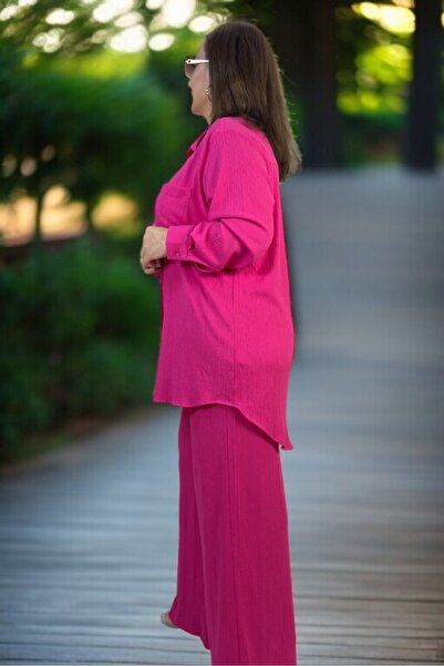 yagmurberen Front Buttoned Tunic Shirt Waist Elasticized Pocketed Pants Large Size Wrap Around Double Set