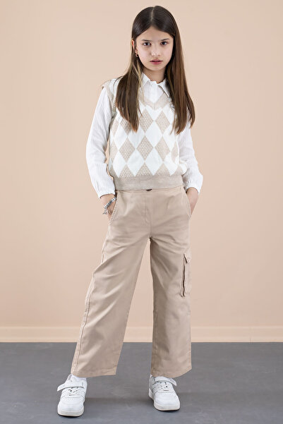 Cansın Mini Бежевий комплект для дівчинки з бавовняною кофтою та сорочкою з в...