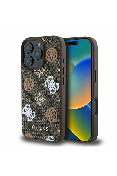 REDz Accessories Carcasă Guess pentru iPhone 16 Pro, Model, PU Bujor pe fundal 4G, Compatibilă cu Magsafe, Maro