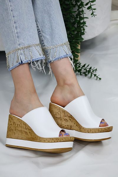asmi shoes Women's White Padded Cork Sole Stripe Wrapped 10 cm Heeled Slippers