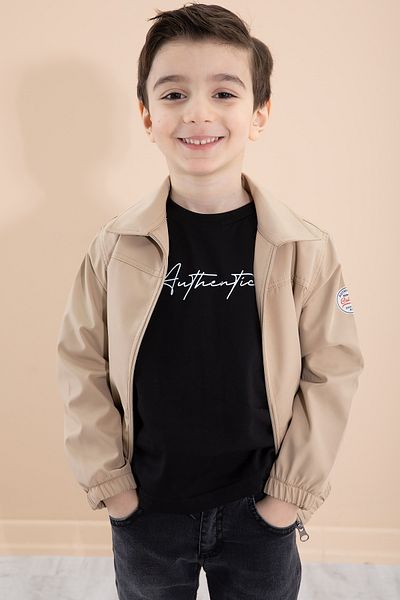 Cansın Mini Boy's Coffee Back Printed Zippered Jacket Trousers 3 Piece Set 20282