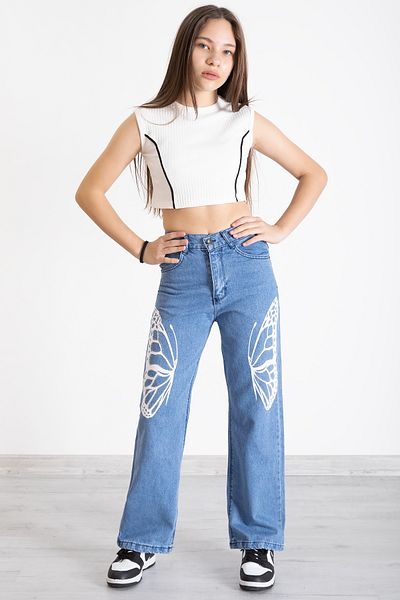Cansın Mini Pantaloni blugi pentru fete cu picioare largi cu imprimeu fluture albastru 20276