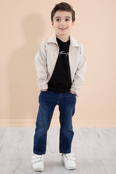 Cansın Mini Boy's Beige 3-Piece Set - Back Print, Zip-Up Jacket and Pants 20277
