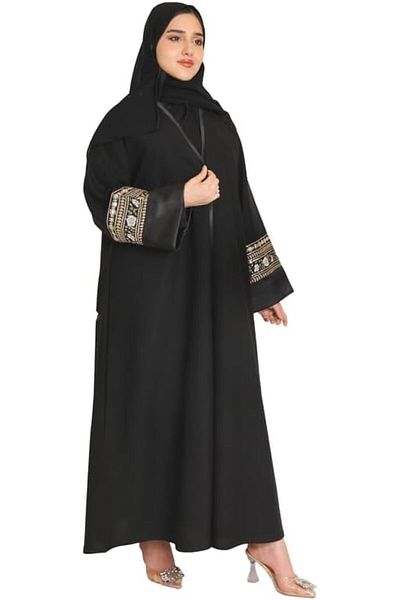 HAWRAA Black wrap abaya with vibrant embroidery on the sleeves