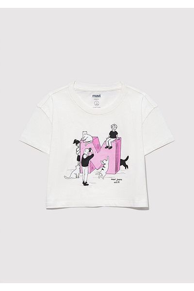 Mavi M Logo Printed Ecru T-Shirt Loose Fit / Loose Relaxed Cut 7610284 -70057