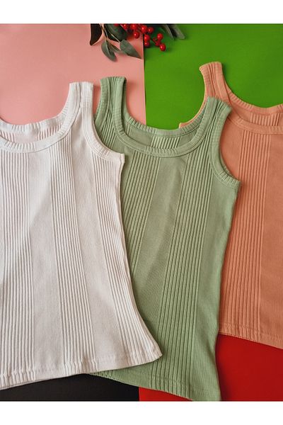 Demirsa Boutique 3 Pieces Cotton Combed Camisole Fabric Thick Strap Oval Neck Green, Powder and White Women's Athlete T-Shirt