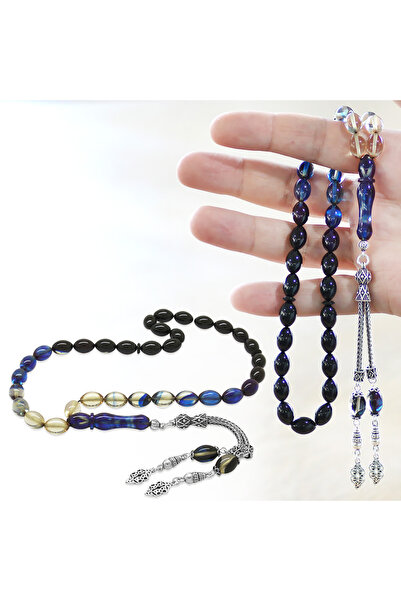 Tesbihane Ασημένιο 925 Χάντρες προσευχής με διπλό φεγγάρι και αστέρι, με φούντες, κομμένο σε σχήμα κριθαριού, μπλε φωτιά κεχριμπάρι 101001526