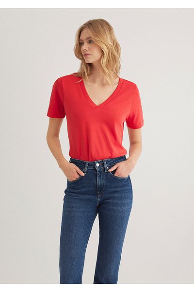 Mavi V-nyakú piros Basic póló Regular Fit 1612917 -89331