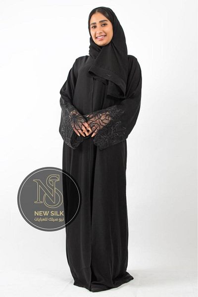 newsilk Abaya Quarter Cloches Nadda Fabric With Crystal Lace In Black