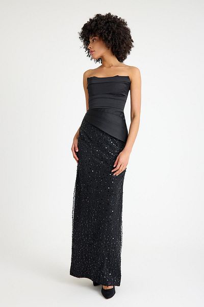 SpringStore Black Sequined Satin Evening Dress