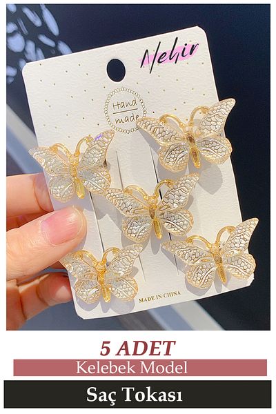 Nehir Set of 5 White Gradient Girls' Butterfly Buckles - Butterfly Mini Clamp Hair Clips with Padding Wings
