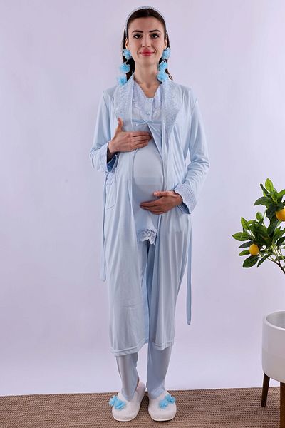 ByLohusa Set de pijamale de maternitate Effortt Maternity cu halat albastru