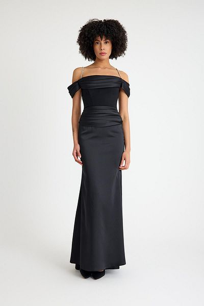 SpringStore Black Chain Strap Satin Evening Dress