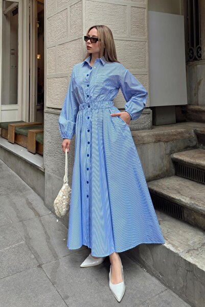 Olcay Φόρεμα ποπλίνα με τσέπες στο στήθος ελαστική μέση ΜΠΛΕ-ΛΕΥΚΟ 9286-E