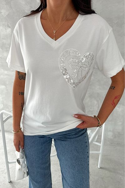 FEMELLE Tricou alb pentru femei, cu decolteu în V, cu mărgele și paiete brodate, model 100% bumbac