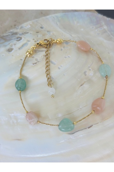 By Song Aksesuar Natural Stone Detailed Aventurine and Sun Steel Bracelet