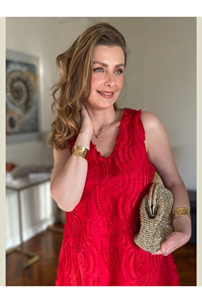 Peja Butik Kırmızı V Yaka Kolsuz Evaze Kesim Mini Kadın Jile Elbise