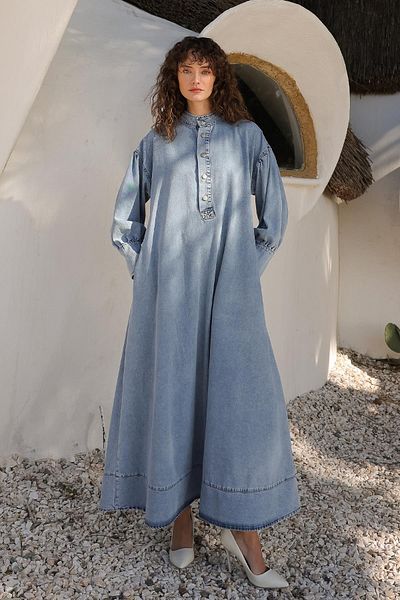 Olcay Rochie de blugi oversize cu detaliu de dantelă în talie ALBASTRU 9268-E