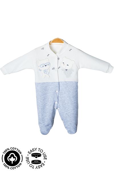 Miniel Unisex Baby Note Teddy Bear Embroidered 3-6-9 Months Combed Organic Cotton Baby Rompers with Booties