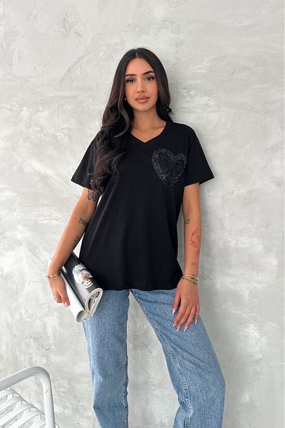 FEMELLE Tricou de damă, negru, cu decolteu în V, cu mărgele și paiete brodate, model 100% bumbac