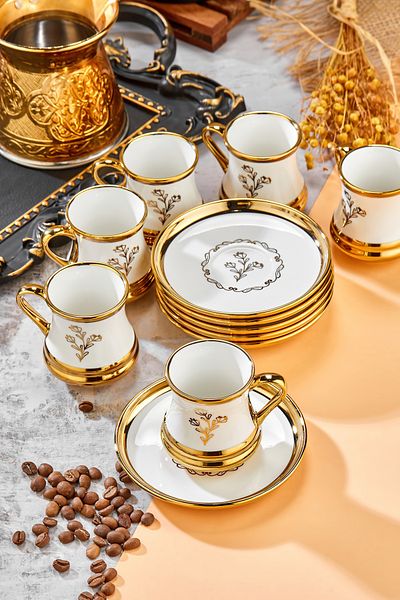 Cooker 90 ml Porcelain 6-Piece Coffee Cup Set - Stylish Design Gold Gilded Modern Cup Set
