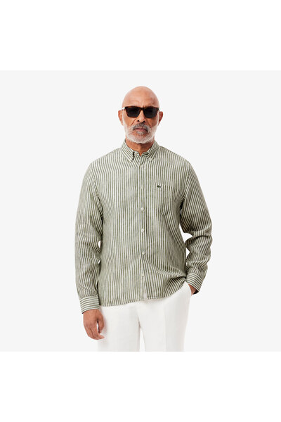 Lacoste Erkek Regular Fit Düğmeli Yaka Çizgili Keten Haki Gömlek