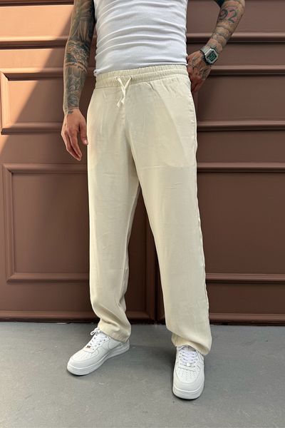 MADZEYMODA Ανδρικό φαρδύ φαρδύ διπλό ύφασμα ελαστική μέση μπεζ παντελόνι Jogger KE-7000