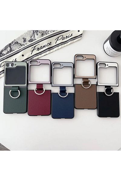 REDz Accessories Husă cu inel de susținere, aspect piele, compatibilă cu Samsung Z Flip 5, protecție completă, negru-alb