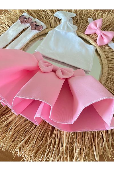 EBRU ÖZÖRGÜCÜ Girl's Crop Body, Heart Socks Skirt and Bandana Set