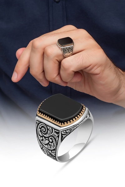 ALYANSEVİM Siyah Oniks Taşlı Oyma Motif 925 Gümüş Erkek Yüzük