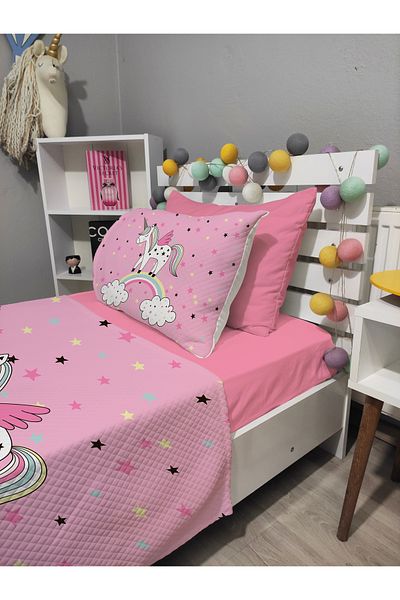 yok yok evim eve dair her şey 4 Piece Unicorn Patterned Single Pique Bedspread Set with Elastic Sheets