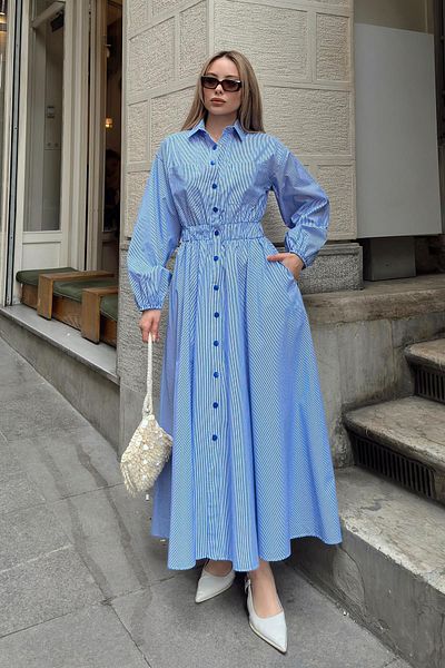 Olcay Rochie din popelin cu buzunar la piept cu talie elastică ALBASTRU-ALB 9286-E