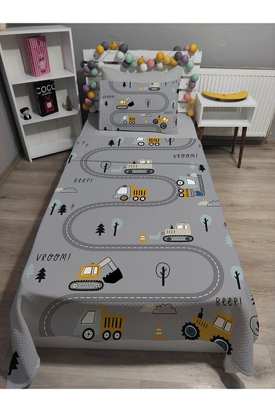 yok yok evim eve dair her şey 4 Piece Scoop Workmen Single Pique Bedspread Set with Patterned Elastic Sheets