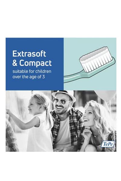 TePe Color Compact Toothbrush in Blue with Green and Fuchsia Fibers, Ultra Soft