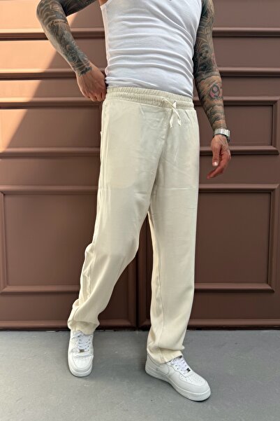 MADZEYMODA Ανδρικό φαρδύ φαρδύ διπλό ύφασμα ελαστική μέση μπεζ παντελόνι Jogger KE-7000