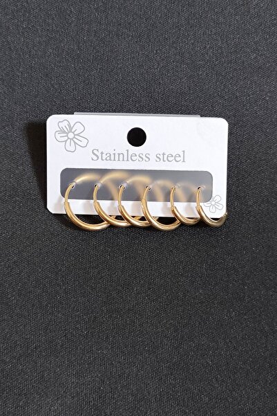 TREND COLLECTİON Kadın Gold Klasik Halka Paslanmaz Çelik Küpe Set (6 adet)