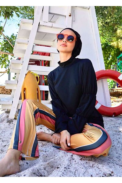 Mayovera Tan Striped Covered Swimsuit Single Trousers