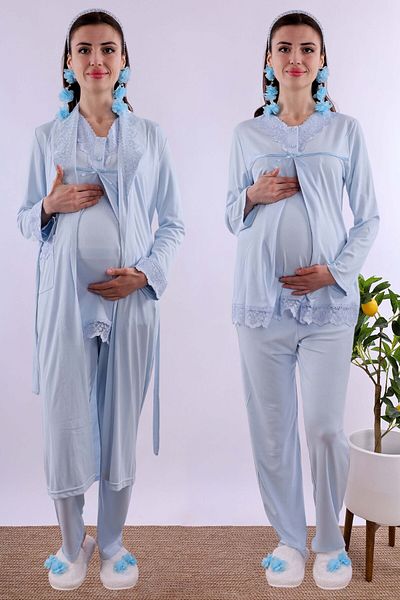 ByLohusa Set de pijamale de maternitate Effortt Maternity cu halat albastru