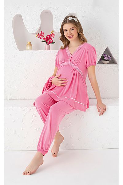 JENİKA Maternity Long Sleeve Dressing Gown, Lace Detailed, Openable Buttoned, Elasticized Legs, 3-Piece Pajama Set