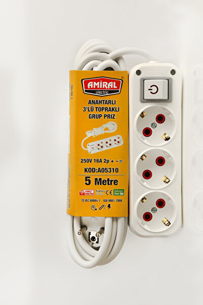 amiral electric 3 Lü Topraklı Anahtarlı 5 Metre Kablolu Grup Priz