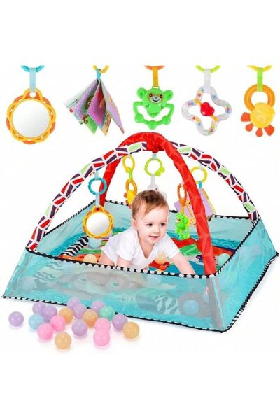 rexa سجادة لعب محمولة بتصميم موسيقي للأطفال، 5 ألعاب معلقة، 18 كرة، حامل إسفن...