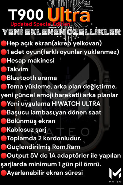 MATEO T900 ULTRA Akıllı Saat 49mm Bluetooth, Arama Özellikli, Sağlık Sensörlü, iOS & Android Uyumlu